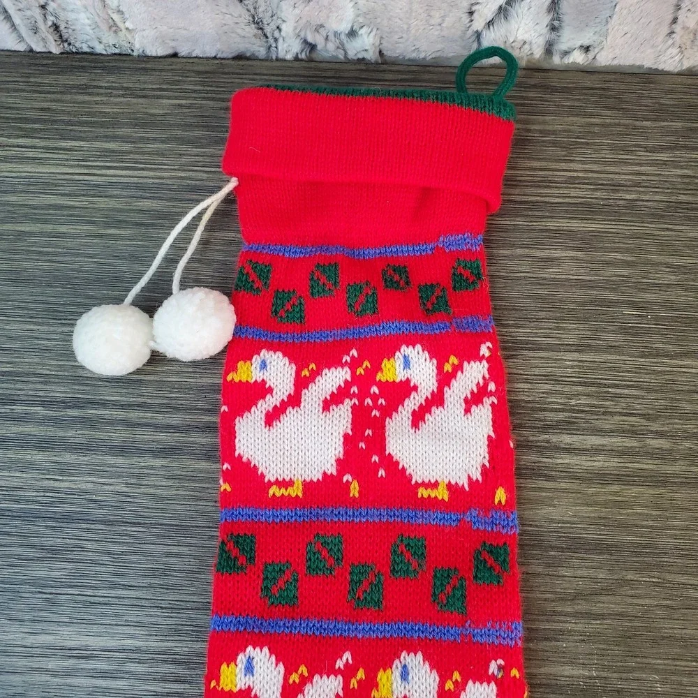 Vintage Knit Merry Red Christmas Stocking Sock Noel White Swans Ducks - 24